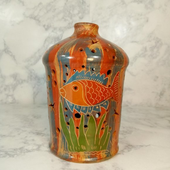 Costa Rican Handmade Multi-Colored Brushed Candle Holder, Collectable Pottery - Picture 4 of 8